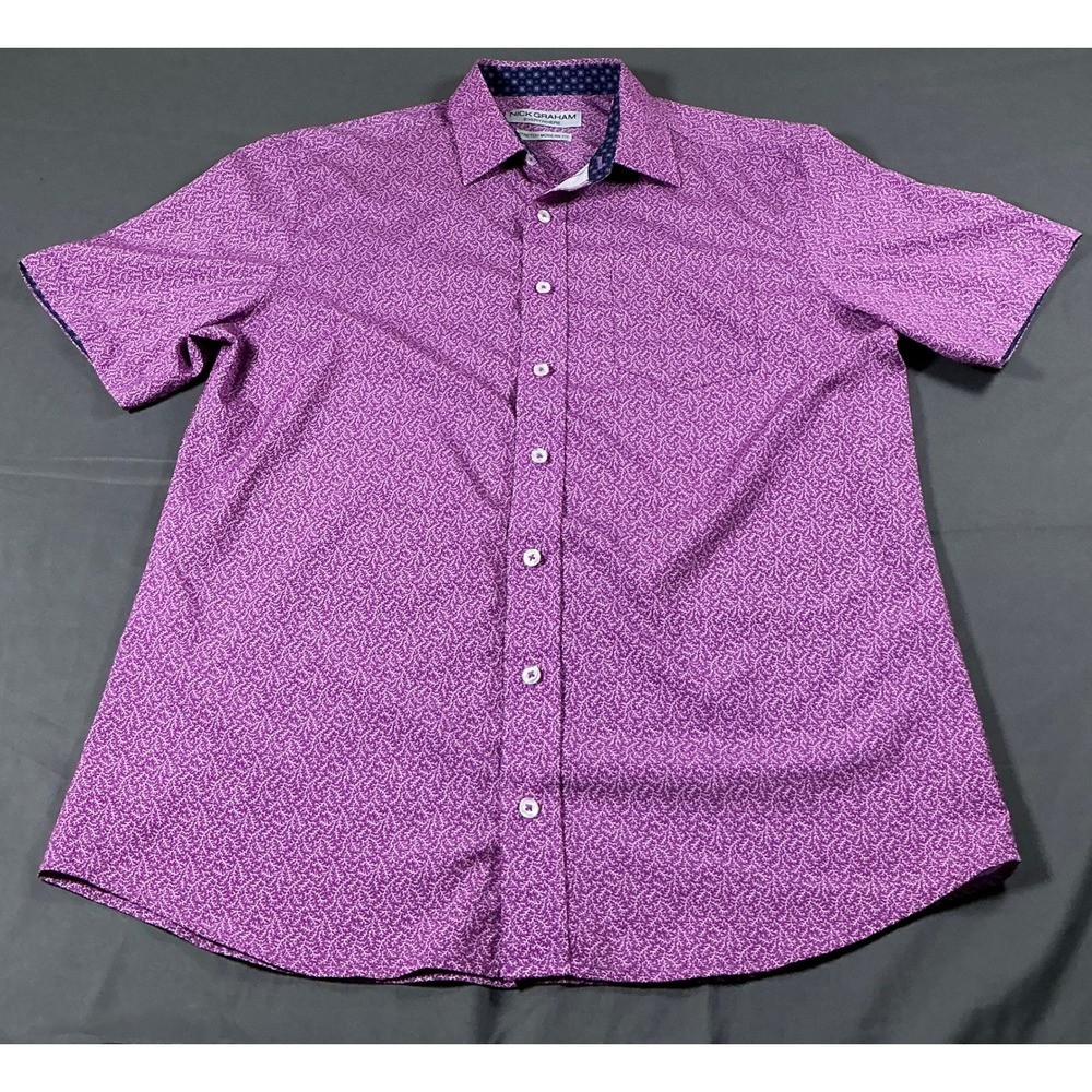 Nick Graham Everywhere Mens Purple White Micro Print Stretch Modern Fit Shirt M